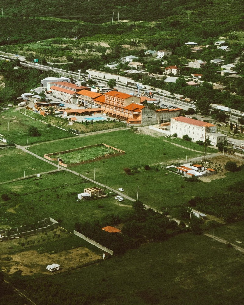 Aerial view of a township with mapped plots